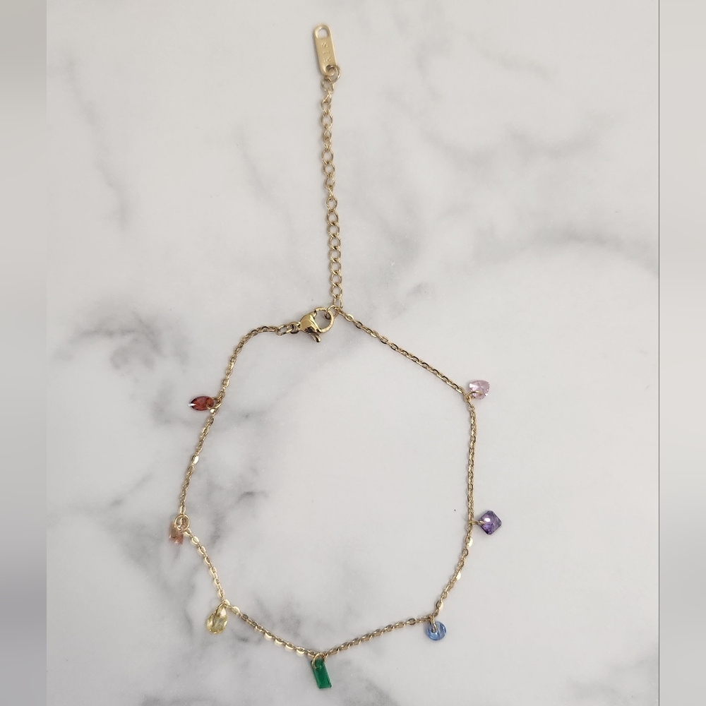 Gold Plated Anklet BraceletWith Colorful Crystal Gemstones Summer Accesories - Picture 12 of 14